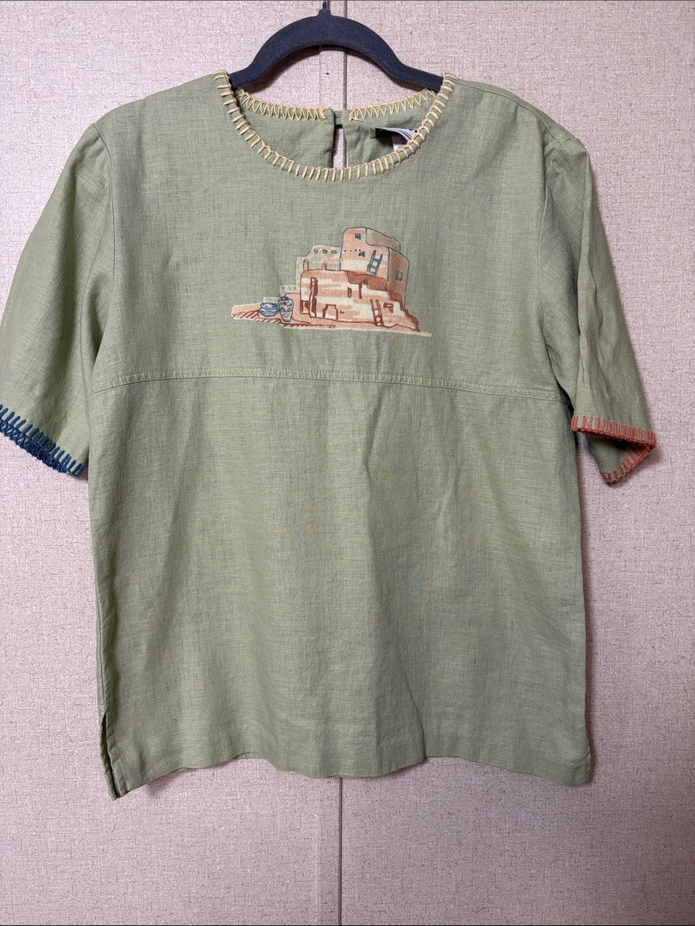 Starfire Pueblo Adobe Graphic Top Green Linen Blend Blanket Stitch Vintage Sz 8